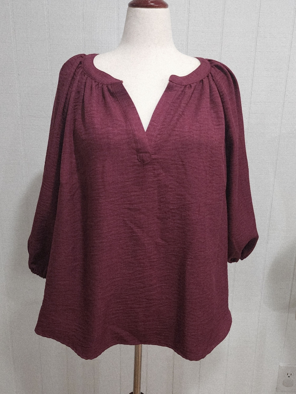 Chenault Peasant Top Blouse Size 3X Burgundy Pullover V neck